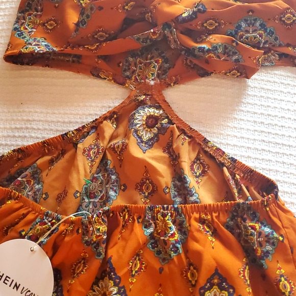 Shein Vcay Orange Patterned Cut Out Dress With Adjustable Straps - Picture 9 of 10